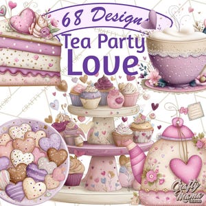 以下が含まれることがあります： 「Tea Party Love」と「68 Designs」の文字が入った、ティーパーティーをテーマにしたデジタルイラスト。ケーキ、カップケーキ、ティーポット、ティーカップ、ハート型のクッキーが描かれており、すべてピンクと紫の色合いです。
