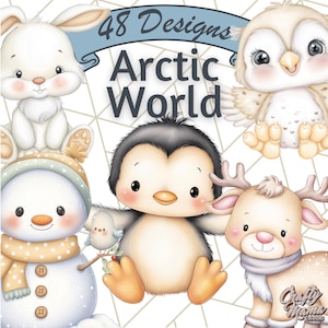 以下が含まれることがあります： 可愛らしい北極の動物たちのデジタルイラスト。ウサギ、フクロウ、ペンギン、雪だるま、トナカイが含まれています。「48 Designs Arctic World」のテキストがあります。動物たちは可愛らしい漫画スタイルで描かれています。