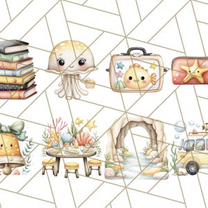 K&ouml;nnte beinhalten: Aquarellillustrationen mit Meeresmotiven. Enth&auml;lt einen Stapel B&uuml;cher, eine Qualle, eine Brotdose mit Fisch, ein Federm&auml;ppchen mit Seestern, eine Glocke, eine Tischdekoration, eine H&ouml;hle und einen gelben Van mit Meeresbewohnern.