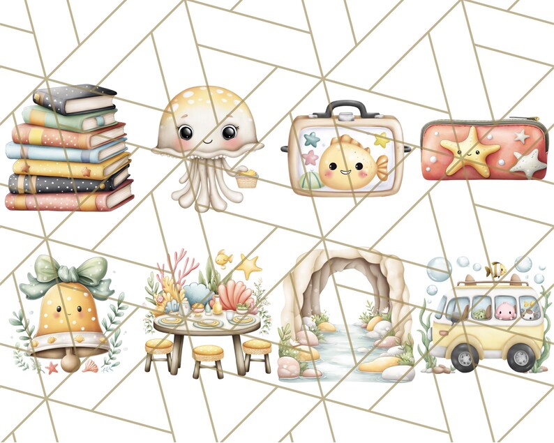K&ouml;nnte beinhalten: Aquarellillustrationen mit Meeresmotiven. Enth&auml;lt einen Stapel B&uuml;cher, eine Qualle, eine Brotdose mit Fisch, ein Federm&auml;ppchen mit Seestern, eine Glocke, eine Tischdekoration, eine H&ouml;hle und einen gelben Van mit Meeresbewohnern.
