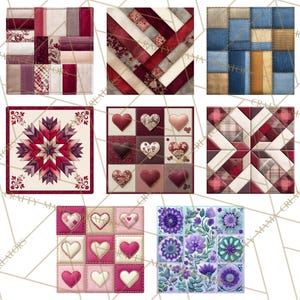 Peut inclure: Une collection de carr&eacute;s de courtepointe cr&eacute;&eacute;s num&eacute;riquement. Les carr&eacute;s pr&eacute;sentent divers motifs, notamment des patchworks, des c&oelig;urs et des motifs floraux. Les couleurs incluent des nuances de rouge, de bleu, de violet et de beige. Les carr&eacute;s sont dispos&eacute;s sur un fond blanc avec un motif g&eacute;om&eacute;trique.