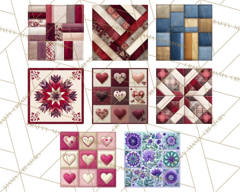 Peut inclure: Une collection de carr&eacute;s de courtepointe cr&eacute;&eacute;s num&eacute;riquement. Les carr&eacute;s pr&eacute;sentent divers motifs, notamment des patchworks, des c&oelig;urs et des motifs floraux. Les couleurs incluent des nuances de rouge, de bleu, de violet et de beige. Les carr&eacute;s sont dispos&eacute;s sur un fond blanc avec un motif g&eacute;om&eacute;trique.