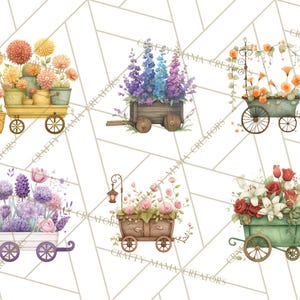 K&ouml;nnte beinhalten: Aquarellillustrationen von sechs Blumenwagen, jeder gef&uuml;llt mit verschiedenen bunten Bl&uuml;ten. Die Wagen sind in verschiedenen Farben gehalten, darunter Gelb, Blau, Lila und Gr&uuml;n, und mit Details wie Laternen und Gie&szlig;kannen verziert. Der Hintergrund ist ein wei&szlig;es geometrisches Muster.
