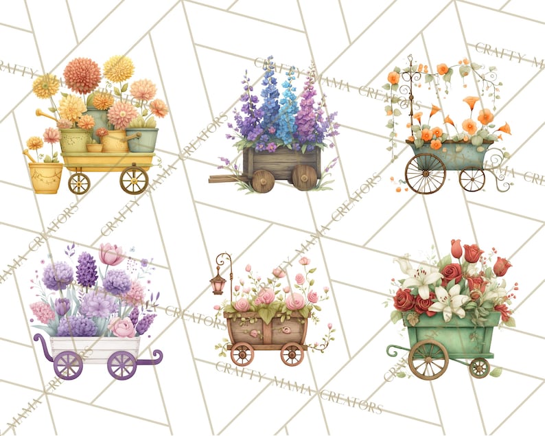 K&ouml;nnte beinhalten: Aquarellillustrationen von sechs Blumenwagen, jeder gef&uuml;llt mit verschiedenen bunten Bl&uuml;ten. Die Wagen sind in verschiedenen Farben gehalten, darunter Gelb, Blau, Lila und Gr&uuml;n, und mit Details wie Laternen und Gie&szlig;kannen verziert. Der Hintergrund ist ein wei&szlig;es geometrisches Muster.