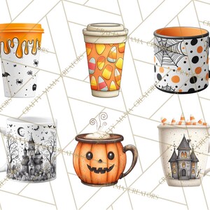 May include: A collection of Halloween-themed mugs and a to-go cup. Designs include dripping orange paint, candy corn, spiderwebs, polka dots, a haunted house, and a jack-o'-lantern. The mugs are white with black handles and orange interiors.