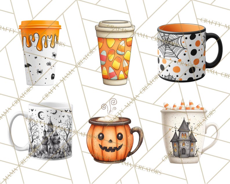 May include: A collection of Halloween-themed mugs and a to-go cup. Designs include dripping orange paint, candy corn, spiderwebs, polka dots, a haunted house, and a jack-o'-lantern. The mugs are white with black handles and orange interiors.