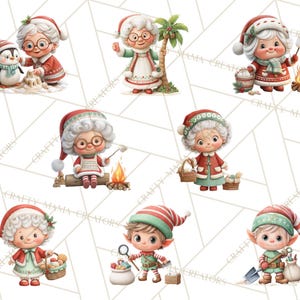May include: A collection of watercolor illustrations featuring Christmas-themed characters. The images include a Mrs. Claus figure with a penguin, roasting marshmallows, and carrying a basket. Also included are elf figures with tools and gifts.