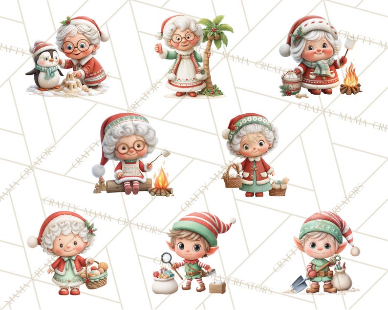 May include: A collection of watercolor illustrations featuring Christmas-themed characters. The images include a Mrs. Claus figure with a penguin, roasting marshmallows, and carrying a basket. Also included are elf figures with tools and gifts.