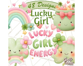 48 Png, St. Patrick’s Day Clipart, Girly Lucky Shamrock Clip Art PNG, Cute Pastel Clover Rainbow Printable, Trendy St Patricks Day Graphics