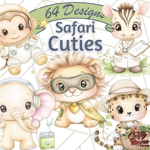 Safari Baby Animal Clipart PNG, Cute Jungle Animals in Outfits Clip Art, Adorable Safari Animals with Props, Jungle PNGs, Kids Graphics