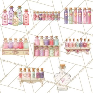 May include: A collection of decorative glass bottles with cork stoppers, featuring heart designs and pastel colors. Some bottles are arranged on shelves or in decorative boxes, creating a whimsical and romantic aesthetic. The bottles vary in size and shape.