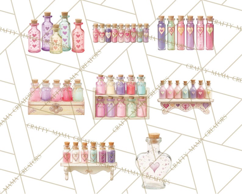 May include: A collection of decorative glass bottles with cork stoppers, featuring heart designs and pastel colors. Some bottles are arranged on shelves or in decorative boxes, creating a whimsical and romantic aesthetic. The bottles vary in size and shape.