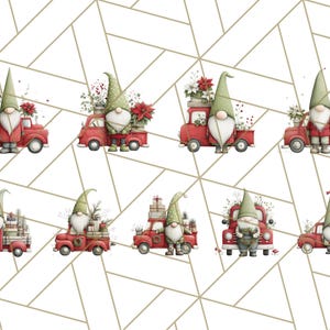 May include: A repeating pattern of Christmas gnomes driving red trucks, each loaded with gifts, poinsettias, and greenery. The gnomes wear green hats and red coats, set against a geometric white and gold background.