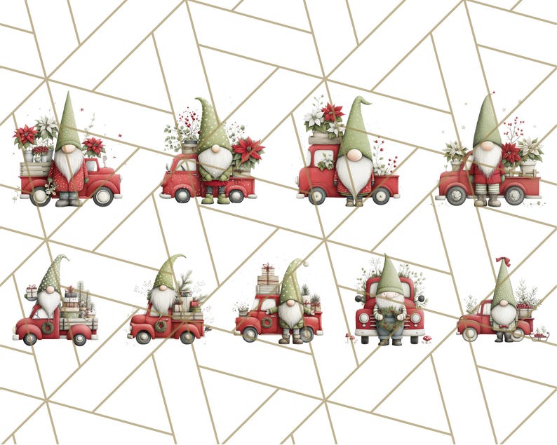May include: A repeating pattern of Christmas gnomes driving red trucks, each loaded with gifts, poinsettias, and greenery. The gnomes wear green hats and red coats, set against a geometric white and gold background.