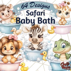 Bebés de animales de safari en baños de burbujas, adorables imágenes de vida silvestre kawaii, crías de animales de la selva, adorables criaturas del zoológico, imágenes prediseñadas de animales de dibujos animados