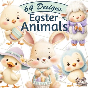 May include: A digital graphic featuring six cute Easter animals: a chick, a lamb, a duckling, a bunny, and a bird. The image includes the text "64 Designs Easter Animals" in a playful font, ideal for craft projects.