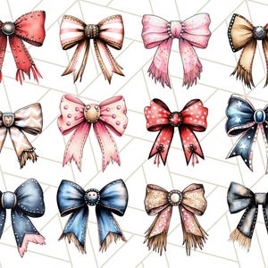 May include: Twelve hand-drawn illustrations of bows with various patterns and colors. The bows are drawn in a realistic style with details like stitching and frayed edges.