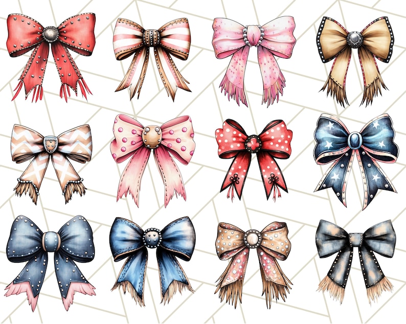 May include: Twelve hand-drawn illustrations of bows with various patterns and colors. The bows are drawn in a realistic style with details like stitching and frayed edges.