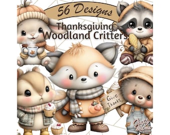 Thanksgiving Woodland Animals Clipart, Fall Forest Creature PNG, Autumn Animal Clip Art, Cute Fox Deer Raccoon Squirrel Bear Graphics