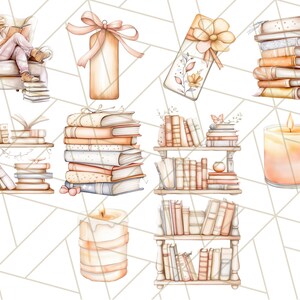Op de afbeelding: Een set aquarel illustraties met boeken, kaarsen en een boekenkast. De illustraties zijn in een zachte, pastelkleurige kleurstelling en hebben een eigenzinnige, knusse esthetiek.