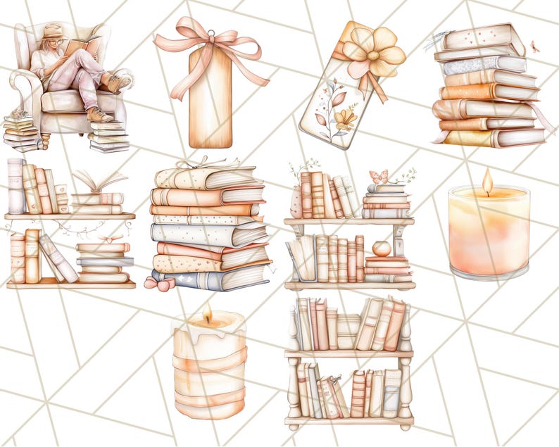 Op de afbeelding: Een set aquarel illustraties met boeken, kaarsen en een boekenkast. De illustraties zijn in een zachte, pastelkleurige kleurstelling en hebben een eigenzinnige, knusse esthetiek.