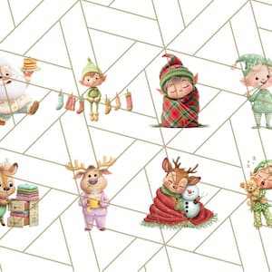 May include: A digital illustration featuring various Christmas characters in pajamas. Santa Claus holds pancakes, an elf hangs stockings, and a reindeer holds a mug. Other characters include an elf wrapped in a blanket, and a deer with a snowman.