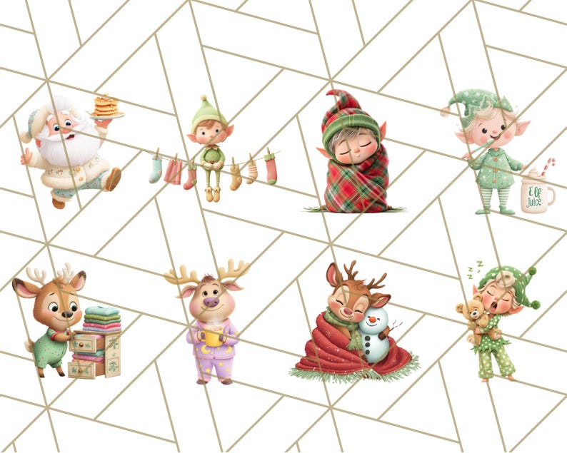 May include: A digital illustration featuring various Christmas characters in pajamas. Santa Claus holds pancakes, an elf hangs stockings, and a reindeer holds a mug. Other characters include an elf wrapped in a blanket, and a deer with a snowman.
