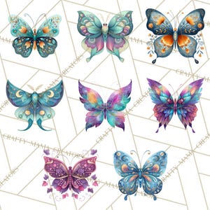 Puede incluir: Una colecci&oacute;n de siete ilustraciones de mariposas en acuarela. Cada mariposa presenta patrones intrincados y una paleta de colores vibrantes, incluyendo tonos de azul, morado, naranja y rosa. Las mariposas est&aacute;n dispuestas sobre un fondo blanco con un dise&ntilde;o geom&eacute;trico.