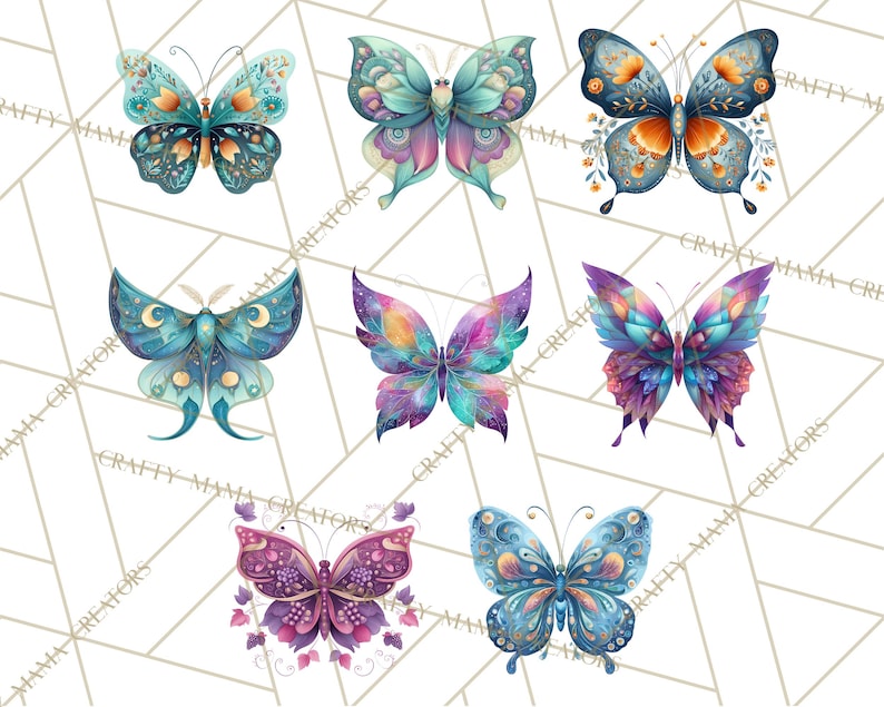 Puede incluir: Una colecci&oacute;n de siete ilustraciones de mariposas en acuarela. Cada mariposa presenta patrones intrincados y una paleta de colores vibrantes, incluyendo tonos de azul, morado, naranja y rosa. Las mariposas est&aacute;n dispuestas sobre un fondo blanco con un dise&ntilde;o geom&eacute;trico.