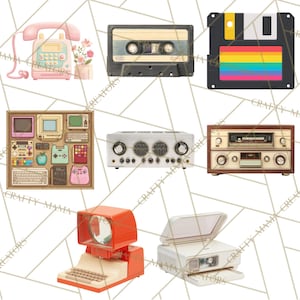 May include: A collection of vintage electronics and media, including a pink rotary phone, a cassette tape, a floppy disk with a rainbow stripe, a retro computer display, a stereo amplifier, a radio, a retro computer, and a projector.