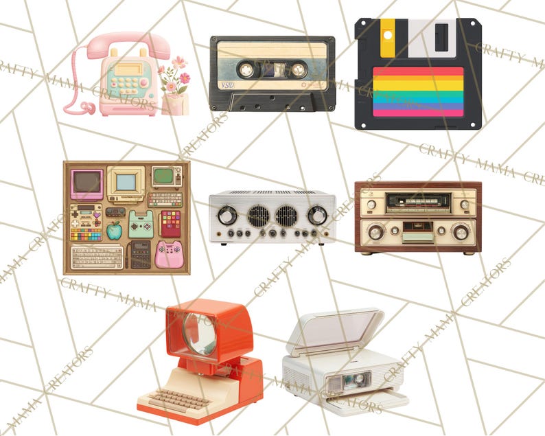 May include: A collection of vintage electronics and media, including a pink rotary phone, a cassette tape, a floppy disk with a rainbow stripe, a retro computer display, a stereo amplifier, a radio, a retro computer, and a projector.