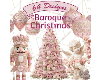 May include: A digital design featuring pink and gold Christmas decorations, including baubles, a tree, a cherub, and a nutcracker. The text reads "64 Designs Baroque Christmas".