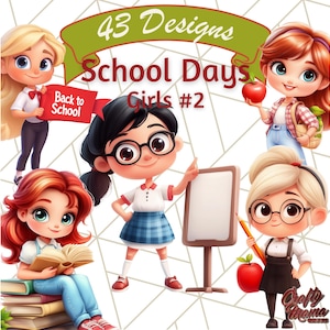 May include: 43 Designs School Days Girls #2. A set of five digital illustrations of girls in school uniforms. The girls are wearing different outfits and accessories, including a red apple, a book, and a whiteboard. The illustrations are in a cartoon style and are perfect for use in school-themed projects.