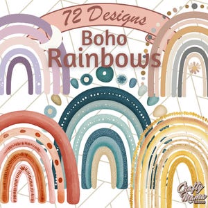 May include: A collection of watercolor boho rainbow designs in various colors, including pink, orange, blue, and gold. The image includes the text "72 Designs Boho Rainbows."