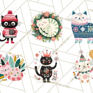 Op de afbeelding: Een verzameling van zes grillige kattenillustraties. De katten worden afgebeeld in verschillende poses en outfits, waaronder een kat met een wintermuts en trui, en een kat met een kroon. Het kleurenpalet omvat roze, zwart, wit en blauw.