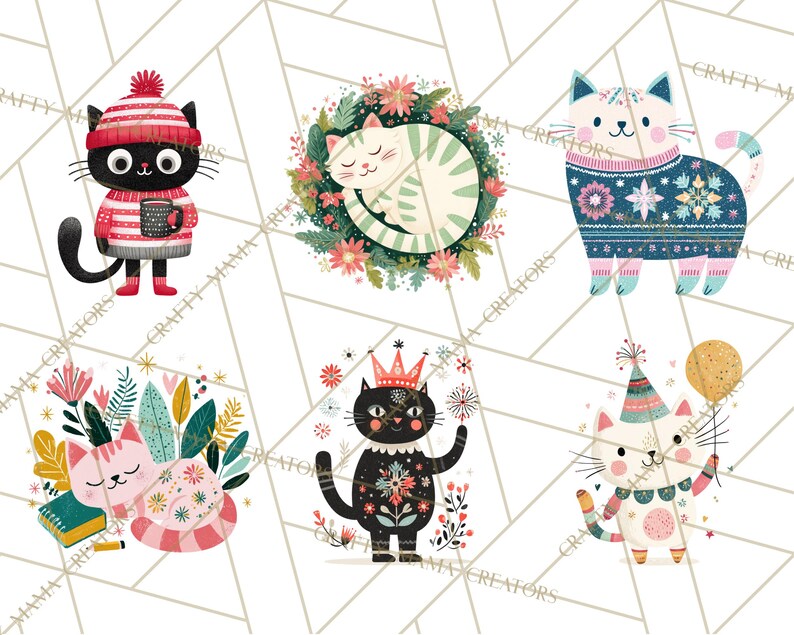 Op de afbeelding: Een verzameling van zes grillige kattenillustraties. De katten worden afgebeeld in verschillende poses en outfits, waaronder een kat met een wintermuts en trui, en een kat met een kroon. Het kleurenpalet omvat roze, zwart, wit en blauw.
