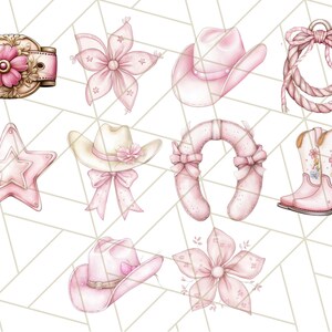 May include: A set of pink and white western-themed clipart images. The images include a cowboy hat, a horseshoe, a star, a lasso, a pair of cowboy boots, and a flower.