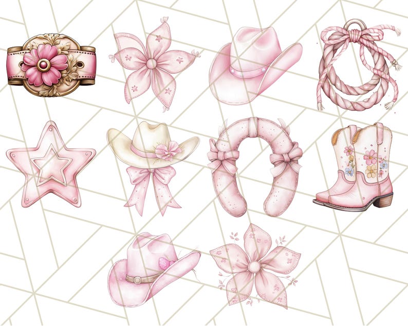 May include: A set of pink and white western-themed clipart images. The images include a cowboy hat, a horseshoe, a star, a lasso, a pair of cowboy boots, and a flower.