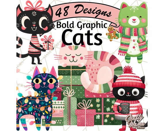 48 Png, Bold Graphic Christmas Cats PNG, Modern Holiday Cat Clipart, High Contrast Xmas Clip Art, Printable Festive Cat Graphics Art