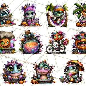 May include: A collection of colorful Halloween-themed digital illustrations featuring various monsters and creatures. The images include a mummy, a zombie in a hammock, a pumpkin-headed character, and a monster with a hot dog.