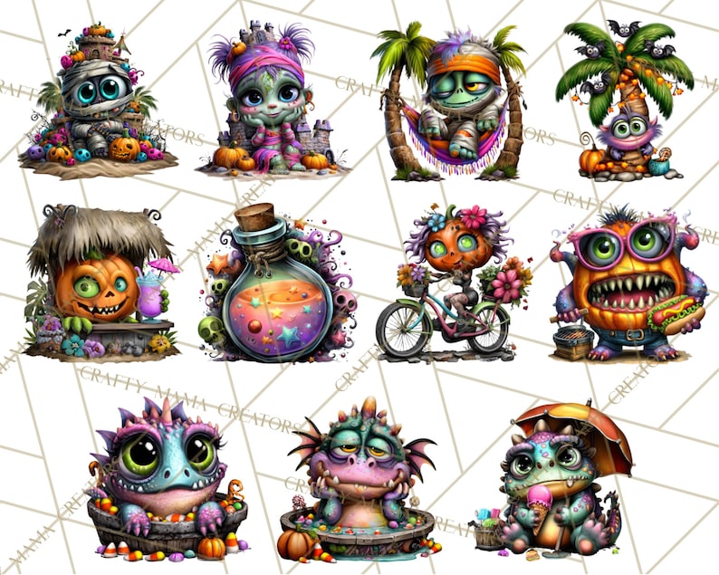 May include: A collection of colorful Halloween-themed digital illustrations featuring various monsters and creatures. The images include a mummy, a zombie in a hammock, a pumpkin-headed character, and a monster with a hot dog.