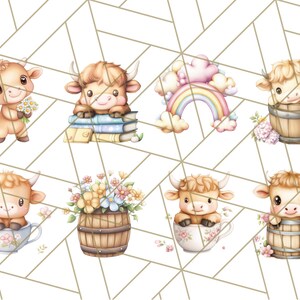 May include: A set of eight digital clipart images featuring cute cartoon cows in various poses. The cows are brown and white with big eyes and are holding flowers, books, and sitting in barrels and teacups. The images are perfect for scrapbooking, card making, and other craft projects.