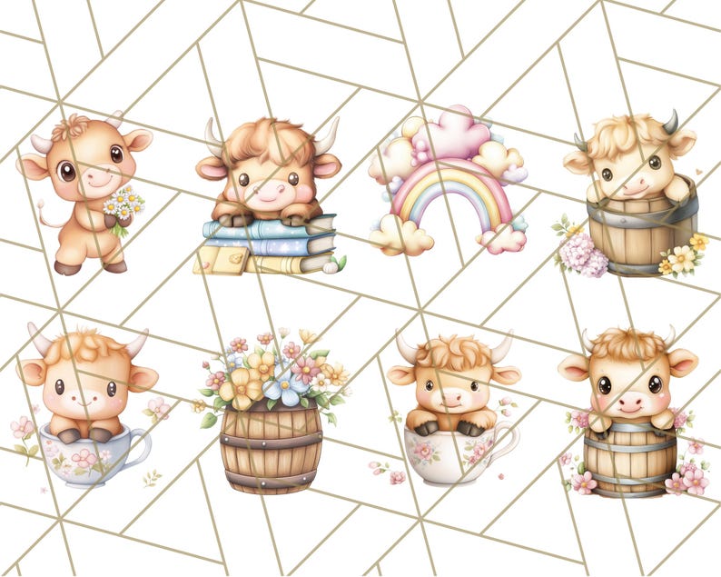 May include: A set of eight digital clipart images featuring cute cartoon cows in various poses. The cows are brown and white with big eyes and are holding flowers, books, and sitting in barrels and teacups. The images are perfect for scrapbooking, card making, and other craft projects.