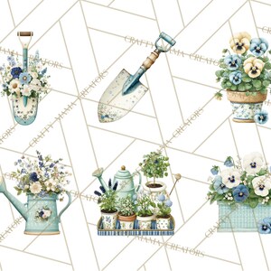 May include: Watercolor illustrations of gardening tools and floral arrangements. Includes a shovel filled with white and blue flowers, a watering can, and potted plants. The color palette features soft blues, greens, and whites.