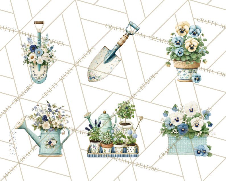 May include: Watercolor illustrations of gardening tools and floral arrangements. Includes a shovel filled with white and blue flowers, a watering can, and potted plants. The color palette features soft blues, greens, and whites.