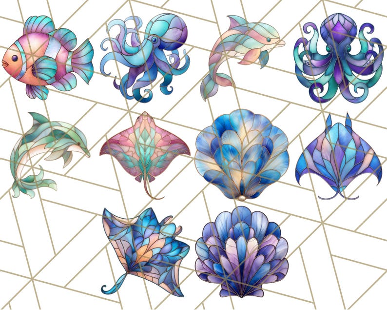 Op de afbeelding: Een set van tien kleurrijke illustraties in de stijl van glas-in-lood met zeedieren en schelpen. De illustraties omvatten een vis, een octopus, een dolfijn, een rog, een schelp en een zeester.