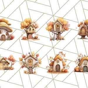 May include: A collection of watercolour illustrations depicting whimsical autumn houses. The designs include mushroom-shaped homes, treehouses, and cottages, all decorated with autumnal foliage and pumpkins. The colour scheme features warm tones of orange, yellow, and brown.