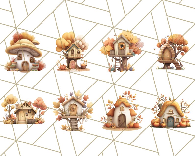 May include: A collection of watercolour illustrations depicting whimsical autumn houses. The designs include mushroom-shaped homes, treehouses, and cottages, all decorated with autumnal foliage and pumpkins. The colour scheme features warm tones of orange, yellow, and brown.