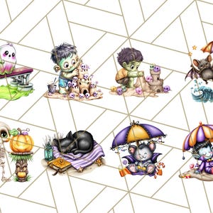 May include: A collection of whimsical Halloween-themed illustrations. The images feature cartoon characters like a ghost, Frankenstein's monster, a bat, a skeleton, a black cat, a mouse, and a vampire, all in a playful style.