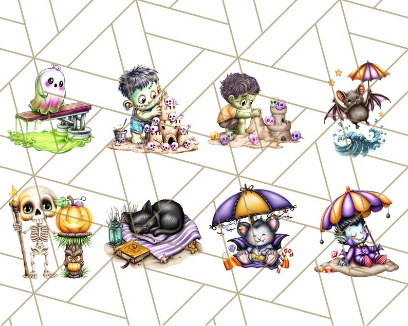 May include: A collection of whimsical Halloween-themed illustrations. The images feature cartoon characters like a ghost, Frankenstein's monster, a bat, a skeleton, a black cat, a mouse, and a vampire, all in a playful style.